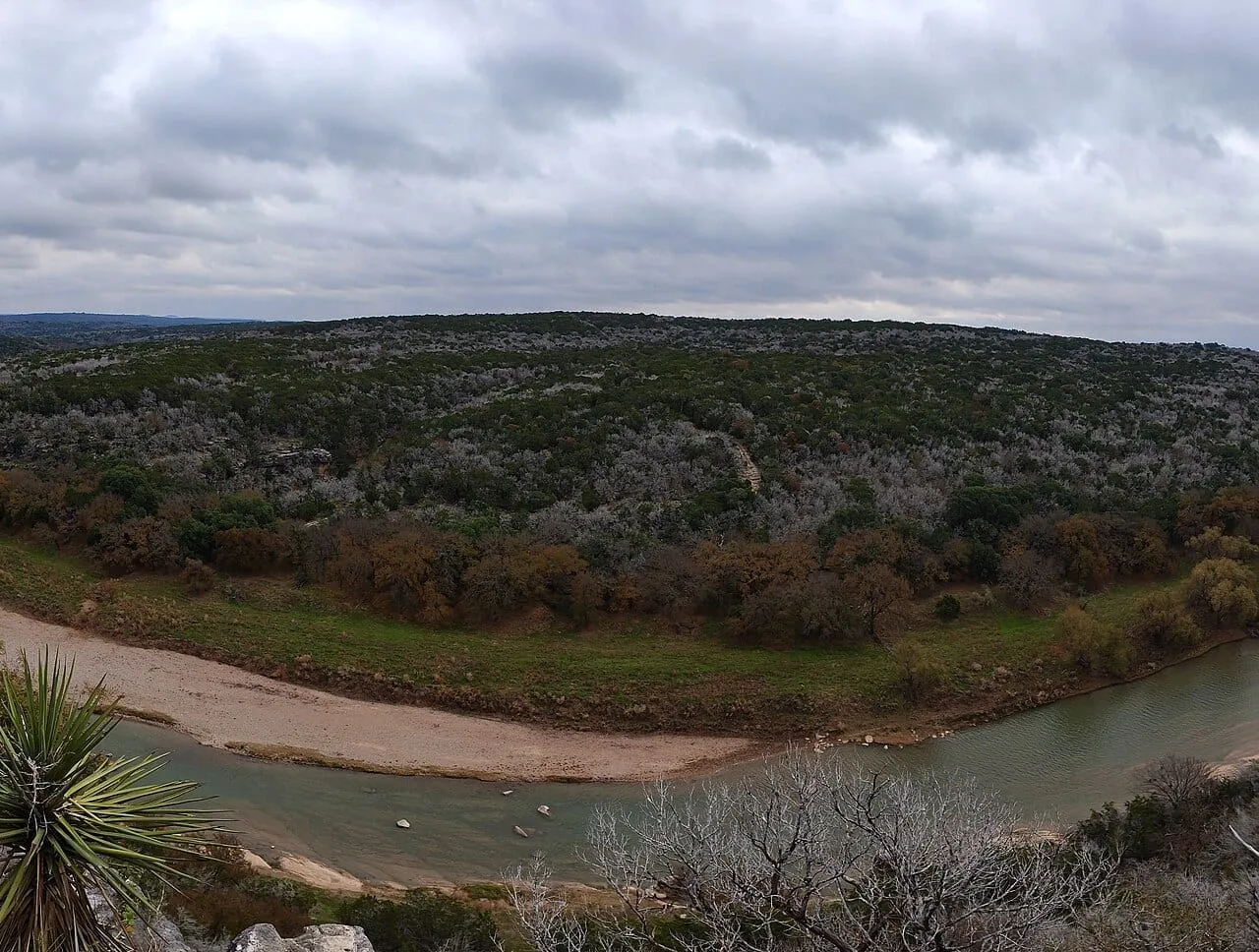 Panoramic overlook of the Colorado River valley at Colorado Bend State Park