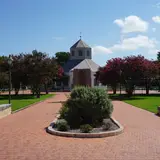 The octagonal Vereins Kirche building and Marktplatz park in downtown Fredericksburg, Texas